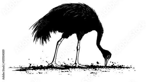 Ostrich lowering its head to the ground, pecking at small objects, vector illustration art