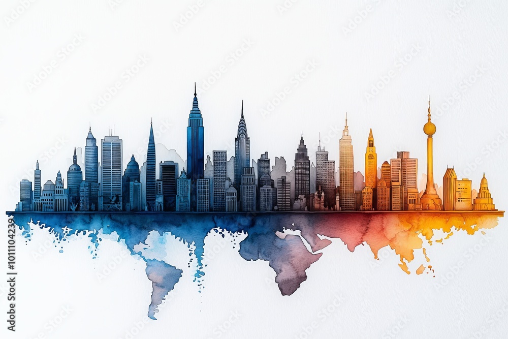 Obraz premium Watercolor cityscape with lines extending to different continents, representing urban-to-urban partnerships.