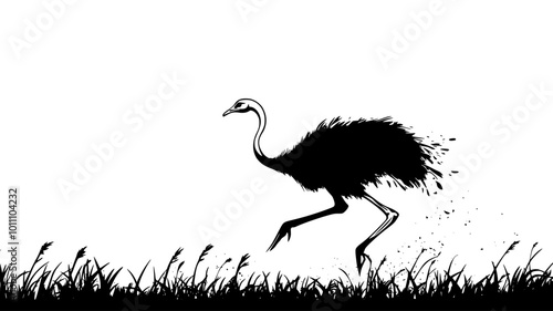 Ostrich running across the plain, long legs moving quickly, dust rising, vector illustration art photo