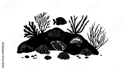 Barnacle near marine organisms on submerged rock, vector illustration art