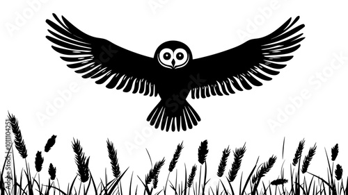 Owl hovering above a field, wings beating slowly as it prepares to descend, vector illustration art