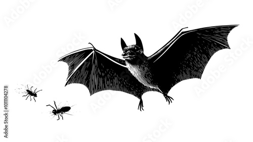 Bat catching insect mid-air, wing membrane extended, vector illustration art