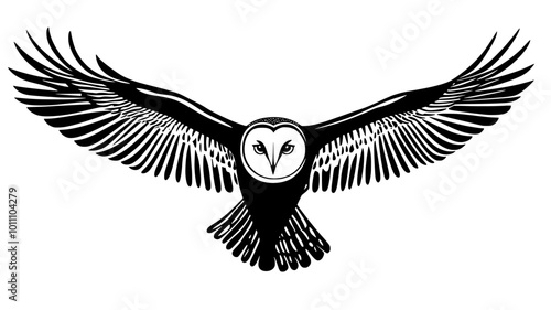 Barn owl in flight with wings spread, hunting over a field, vector illustration art