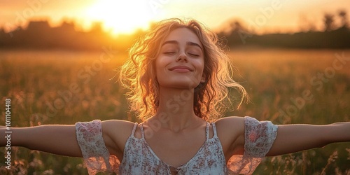 calm and free woman smiling with arms open enjoying the serene beauty of life in the fields at sunset in a beautiful backlit portrait photo