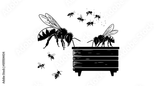 Bee entering a hive with full pollen sacs on its legs, vector illustration art