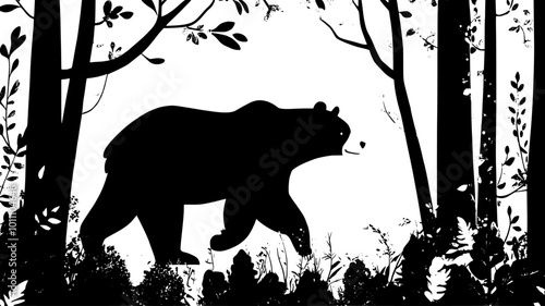 Bear walking through a dense forest, weaving between trees, vector illustration art