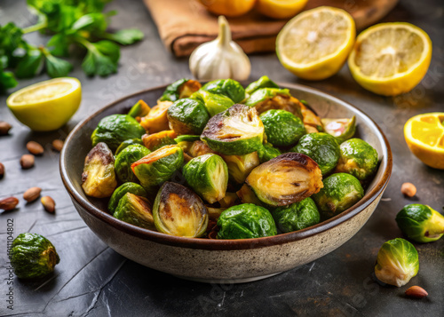 Crispy Brussels sprouts with roasted garlic and lemon create delightful dish. vibrant green sprouts are beautifully complemented by fresh citrus and garlic, making it perfect side