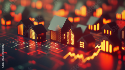 Digital display showing housing prices dropping in response to macroeconomic regulations and interest rate cuts, reflecting the significant influence of policy changes on real estate markets and econo photo