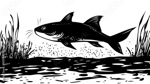 Catfish hovering above the muddy river floor, whiskers moving, vector illustration art