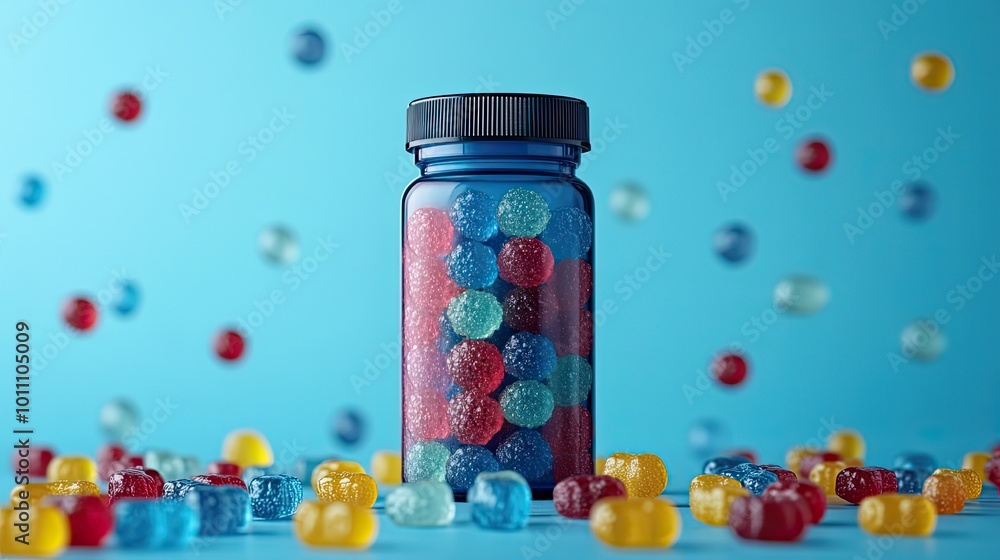 a bottle of colorful gummy chewable supplements surrounded by scattered gummies on light blue background a bottle of colorful gummy chewable supplements surrounded by scattered gummies on light blue background