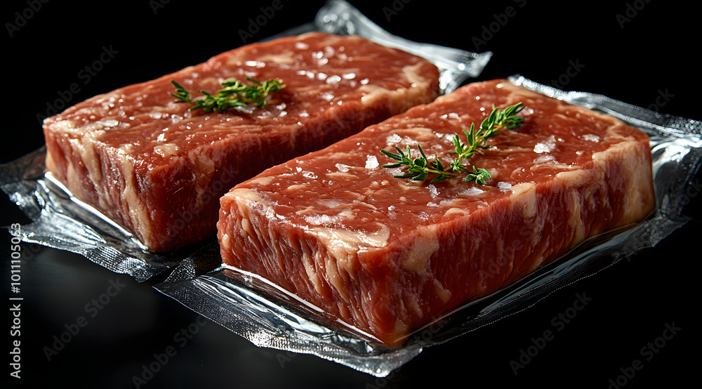 Two frozen beef steaks in a vacuum-packed plastic bag, showcasing the preservation of fresh meat through freezing and vacuum sealing. The clear packaging highlights the texture and marbling of the bee Two frozen beef steaks in a vacuum-packed plastic bag, showcasing the preservation of fresh meat through freezing and vacuum sealing. The clear packaging highlights the texture and marbling of the bee