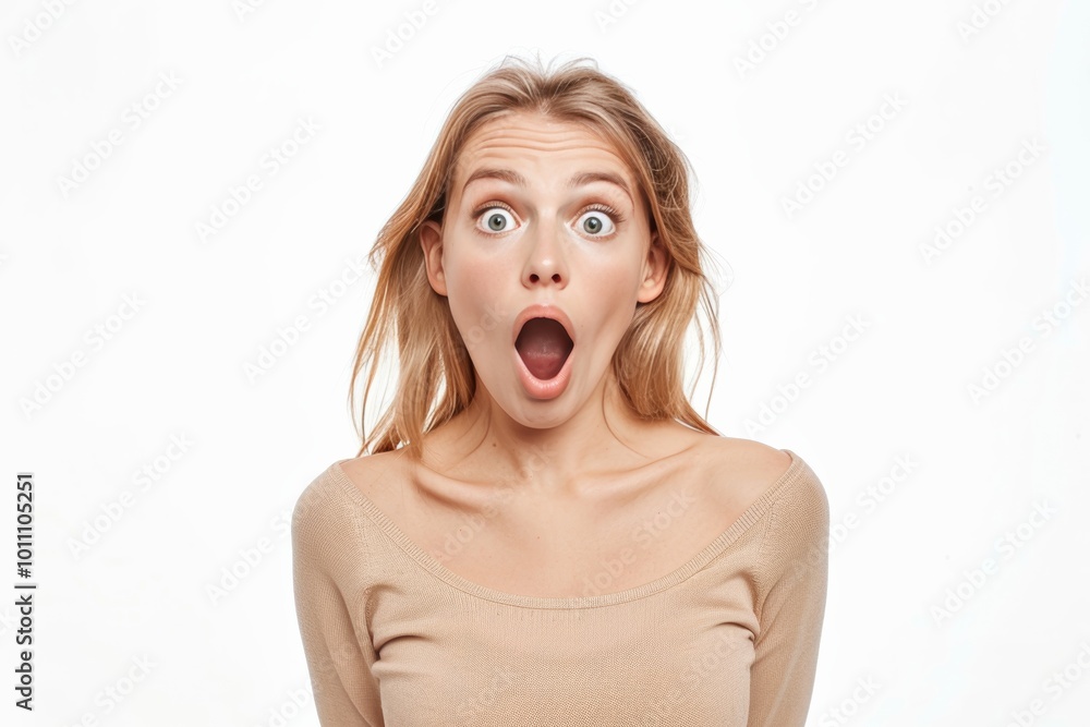Shocked expression on a woman in beige top, isolated on white backdrop Shocked expression on a woman in beige top, isolated on white backdrop