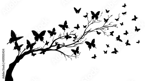 Cluster of butterflies roosting on a tree branch at night, vector illustration art