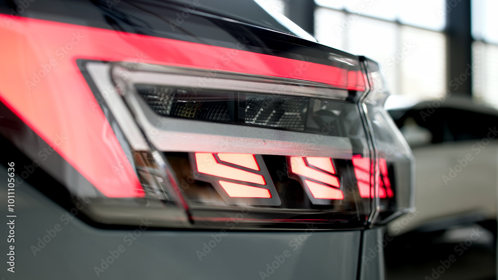 Fototapeta premium Close-up of modern car headlights glowing in a sleek interior as the engine starts. The advanced design enhances visibility and adds a touch of sophistication to the driving experience.