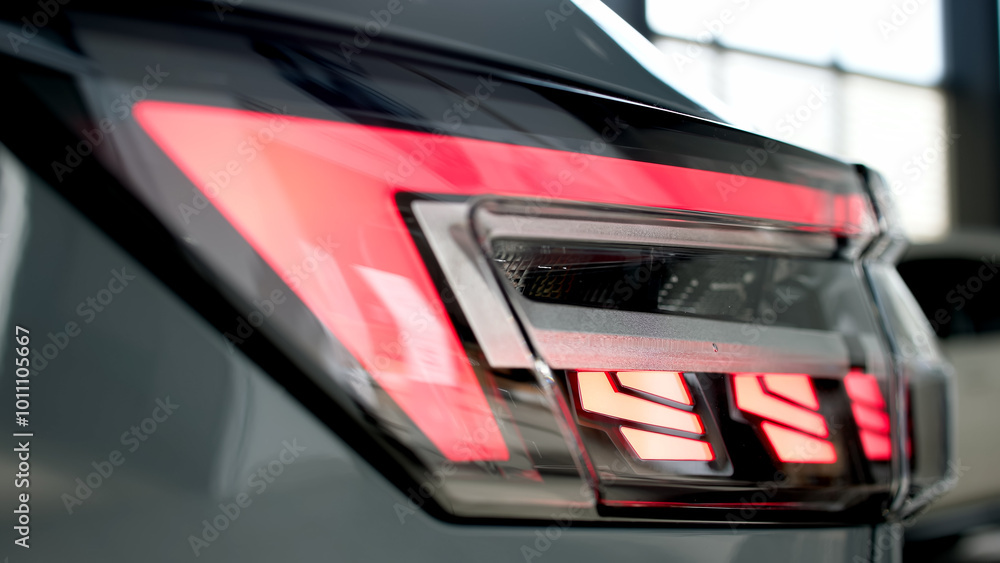 Fototapeta premium Close-up of advanced car headlight technology in a modern car interior. The sleek design illuminates the road, showcasing innovation and enhancing nighttime visibility.