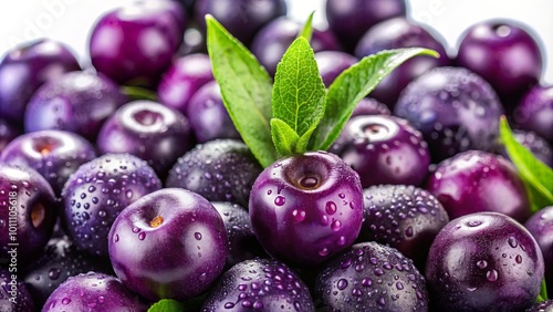 Lush, juicy acai berries display their rich purple hues and intricate textures against a bright white backdrop,
