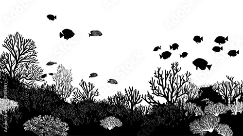 A coral structure growing near an underwater drop-off, providing shelter for small fish, vector illustration art