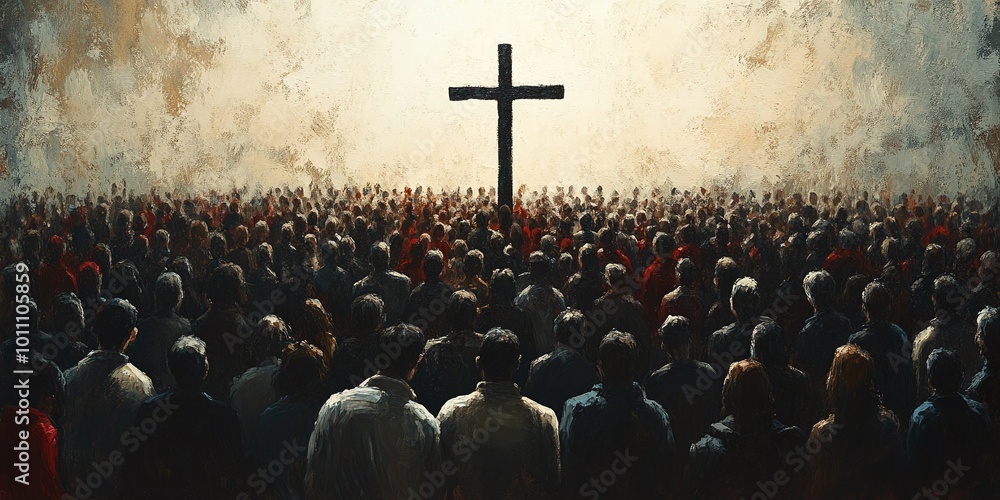 Obraz premium worship gathering of a large crowd praying and worshiping the cross with reverence and devotion highlighting a powerful spiritual event filled with faith and unity
