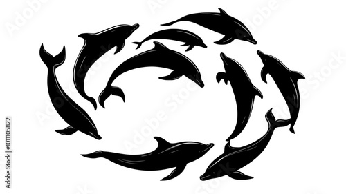 Dolphins swimming in circular formation, engaged in coordinated behavior or play, vector illustration art