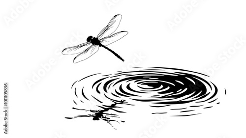 A dragonfly circles over a calm pond, gliding smoothly over the water’s surface, vector illustration art