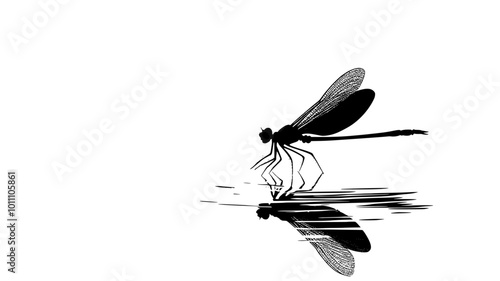 A dragonfly skims the water's surface, its legs just barely touching, vector illustration art