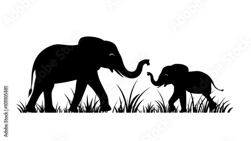 An elephant calf learns to use its trunk to grasp grass, exploring its environment, vector illustration art