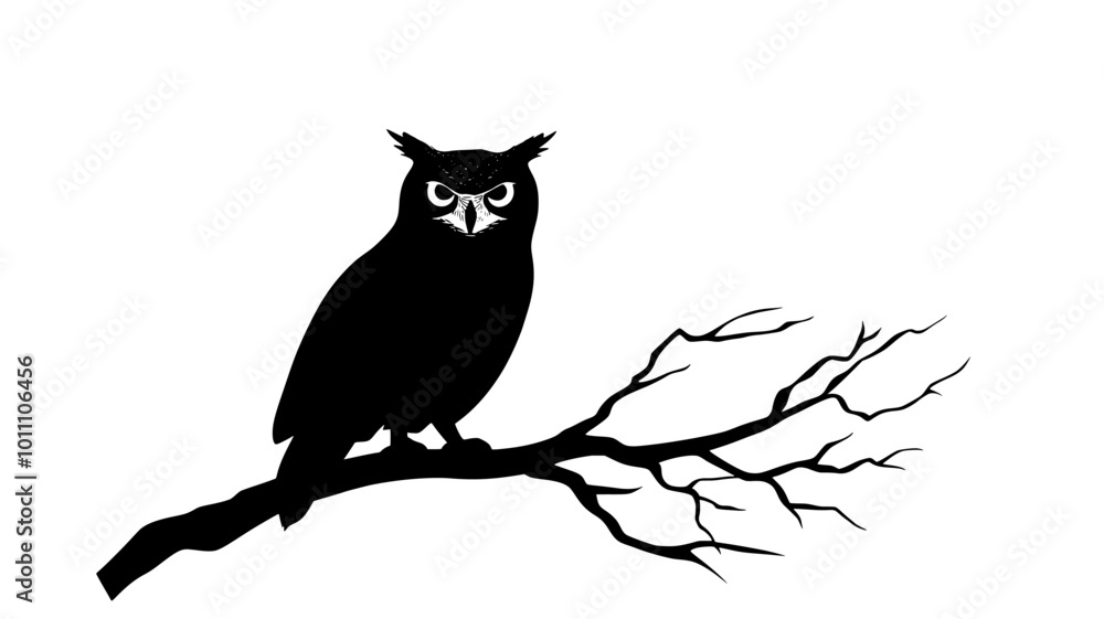 Great horned owl silhouette against a full moon on a branch, vector illustration art Great horned owl silhouette against a full moon on a branch, vector illustration art