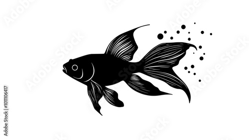 Goldfish swimming near aquarium glass, fins and tail moving in rhythm, vector illustration art