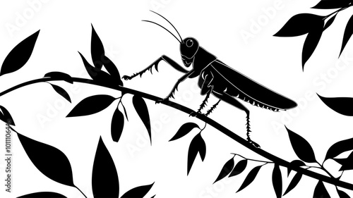 A grasshopper carefully crawls along a plant stem, moving between nodes, vector illustration art