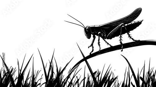 A grasshopper leaps from a blade of grass, launching itself into the air, vector illustration art photo