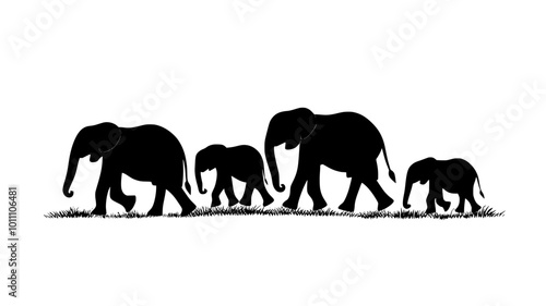 Group of elephants walking on open plain, some with trunks slightly lifted, vector illustration art