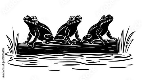 Group of frogs clustered on a log protruding from the water's surface, vector illustration art