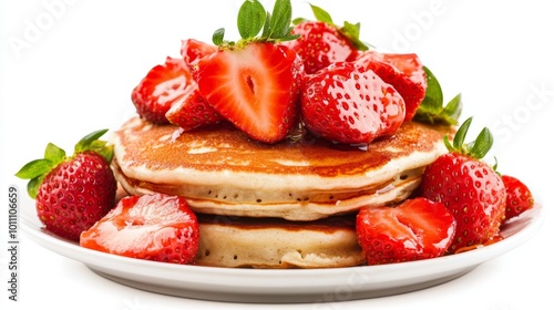 Delicious strawberry pancakes! These fluffy buttermilk pancakes are bursting with fresh strawberries, both in the batter and as toppings. They're pictured against a white background.