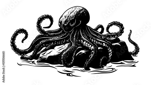 A hydra clinging to a rock in a freshwater stream, its tentacles moving gently with the current, vector illustration art