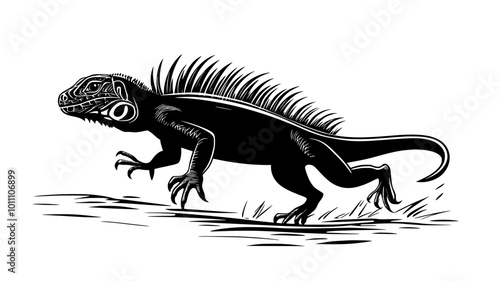 Iguana running bipedally across the ground on hind legs, vector illustration art