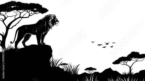 A lion stands majestically on a rock outcropping, overlooking a vast savanna landscape, vector illustration art