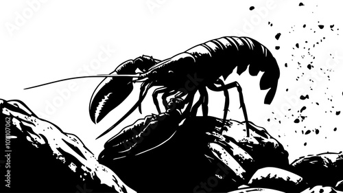 Lobster navigating rocky underwater area, climbing over obstacles, vector illustration art