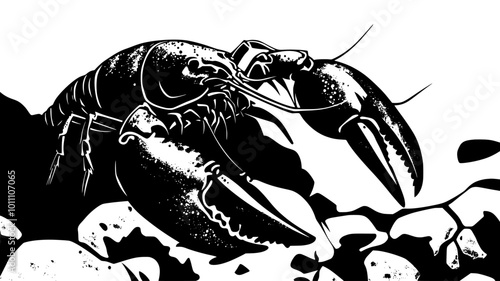 Lobster hidden in crevice between rocks on ocean floor, vector illustration art