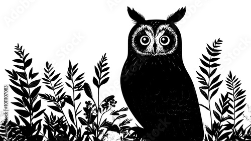 Long-eared owl roosting in dense forest undergrowth, vector illustration art