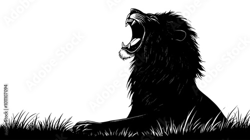 Male lion roaring with its mouth wide open on a grassy plain, vector illustration art