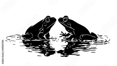 Mating pair of frogs in amplexus on the water's surface, vector illustration art