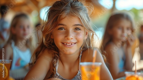 Smiling Girl at a Beach Cafe