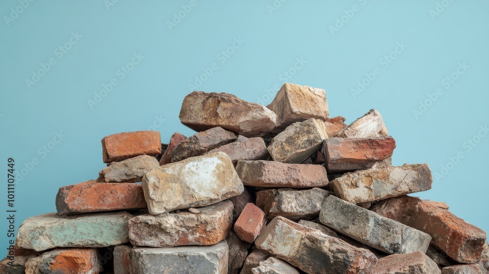 Pile of old bricks forming a mound on blue background Pile of old bricks forming a mound on blue background