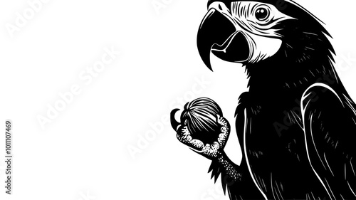 Parrot cracking open nut with beak while holding in foot, vector illustration art
