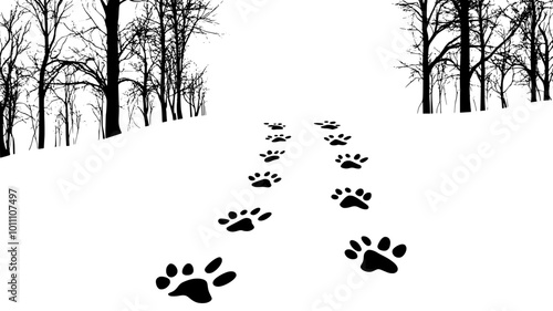 Paw prints in fresh snow leading through forest path, vector illustration art photo