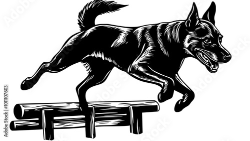 Police dog in training, leaping over an obstacle course, vector illustration art