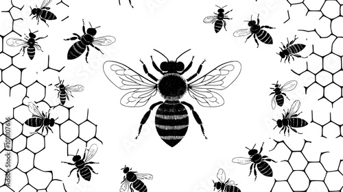 Queen bee surrounded by worker bees on the honeycomb, vector illustration art