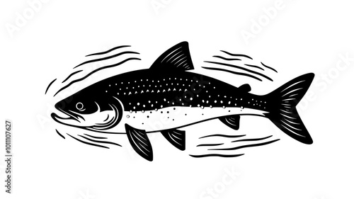Salmon gliding through clear river water, tail moving rhythmically as it swims, vector illustration art