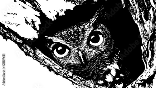 Screech owl peering out from a tree cavity nest, vector illustration art