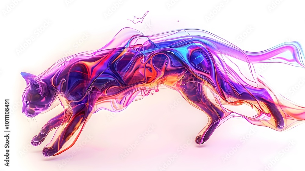 Fototapeta premium Colorful abstract representation of a cat in motion created with vibrant fluid shapes and curves, emphasizing gracefulness and energy